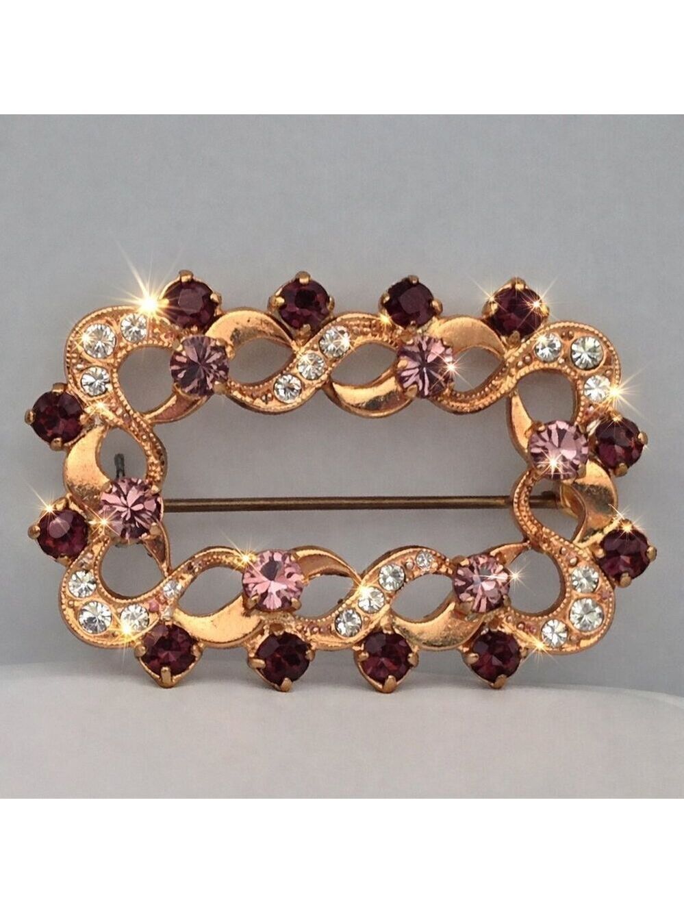 Vintage Gold Tone Pink & Burgundy Rhinestone Brooch